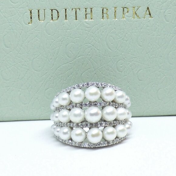 Judith Ripka Colette Ring Multi Row Pearl Sterling SIZE 8 (poss fit for size 7)